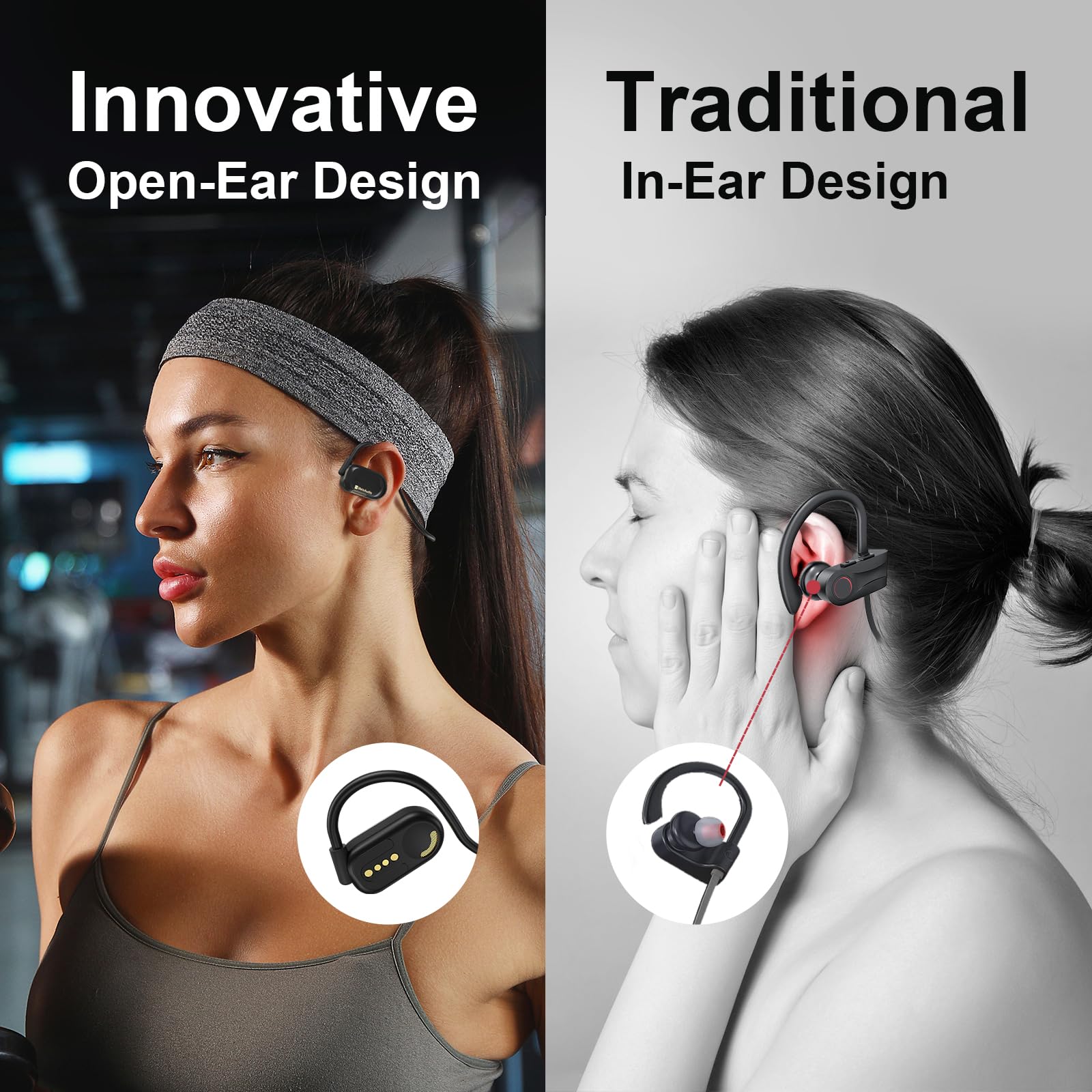MeloAudio Open-Ear Bluetooth Headphones with Noise Cancellation Mic - Wireless Sports Earbuds with Enhanced Bass, IPX5 Waterproof, Lightweight Design for Running, Gym, Cycling & Outdoor Activities - Perfect for Big Heads & Active Lifestyles