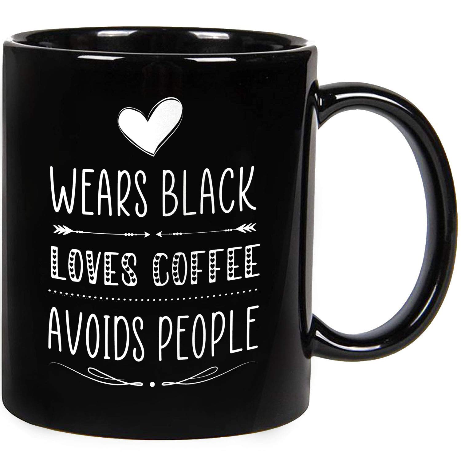 Funny Ceramic Coffee Mug 11oz & 15oz - 'Black Loves Coffee Avoids People' Novelty Tea Cup - Perfect Gift for Women, Birthday, Christmas & Thanksgiving - Great for Office, Home & Coffee Lovers