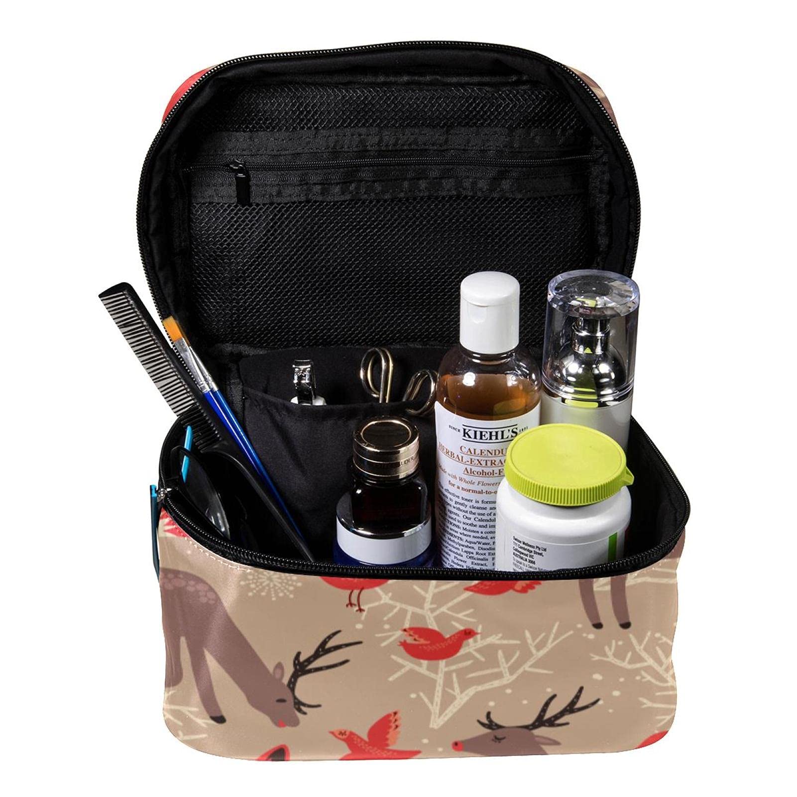 Elk Fox Bird Christmas Travel Makeup Bag - Large Cosmetic Organizer with Zipper for Women & Girls | Perfect for Holiday Travel, Gift Giving & Daily Toiletry Storage