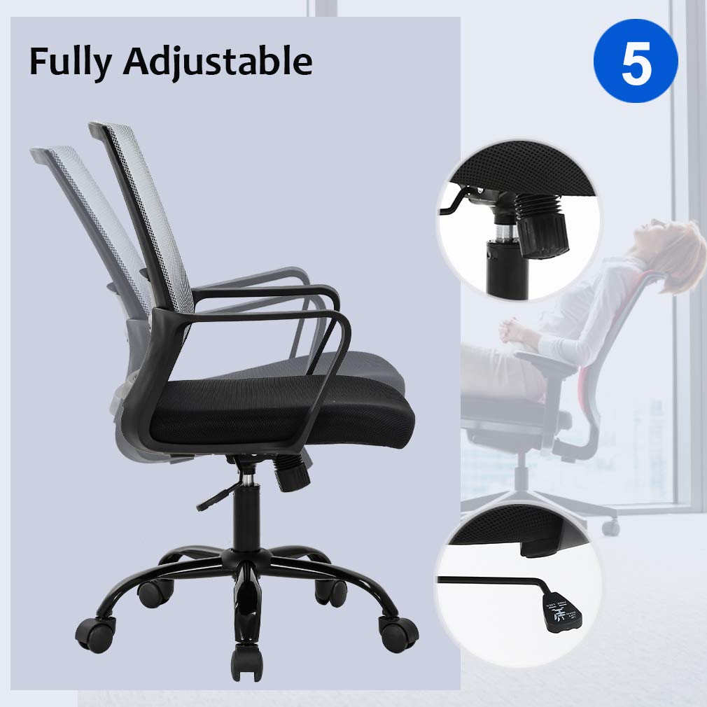 Ergonomic Mesh Office Chair with Lumbar Support - Adjustable Swivel Rolling Computer Desk Chair for Home & Office - Grey - Perfect for Long Hours of Work, Gaming, or Study