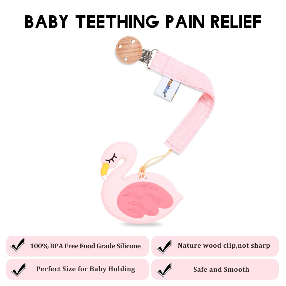 BPA-Free Baby Silicone Teether Toy with Pacifier Clip - Safe Teething Relief for Infants 3+ Months | Freezer Safe, Food Grade Material | Perfect Gift for Boys & Girls (Pink Flamingo) | Ideal for Soothing Sore Gums at Home or On-the-Go