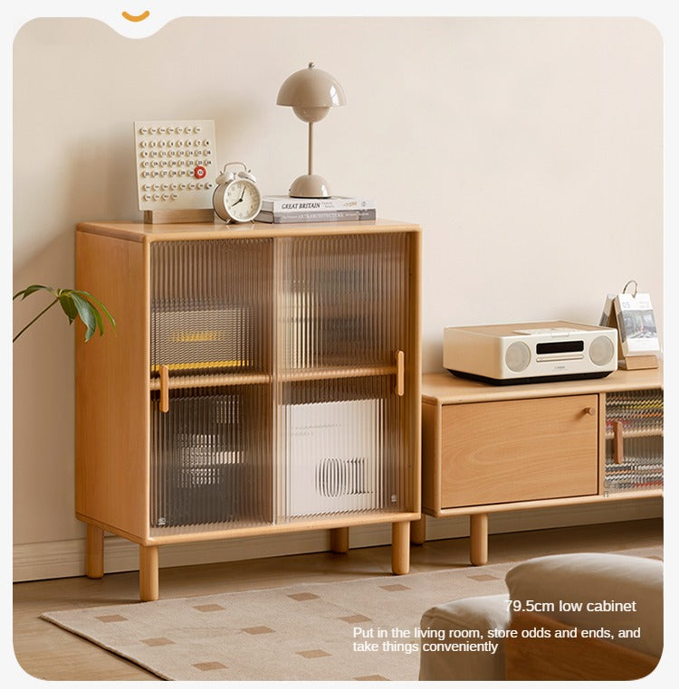 Solid Beech Wood Sliding Door Side Cabinet - Modern Storage Solution for Bedroom, Living Room & Office
