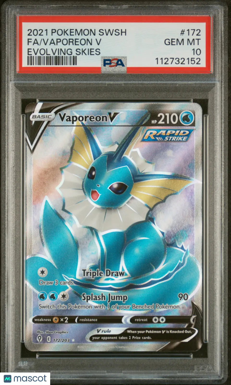 2021 Pokemon Sword & Shield Evolving Skies Vaporeon V FA PSA 10 172/203 - Rare Collectible Card for Trading & Gaming Enthusiasts