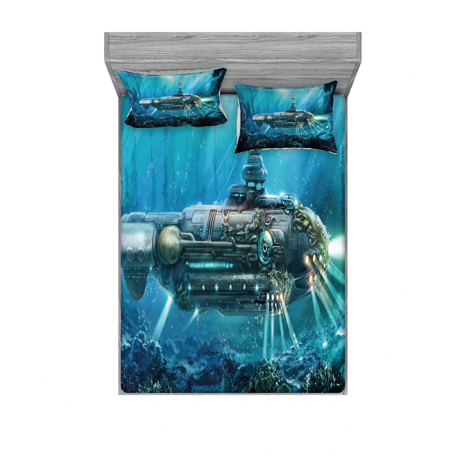 Ambesonne 2-Piece Queen Size Fitted Sheet Set with 4 Pillowcases - Sci-Fi Submarine Themed Bedding in Grey & Aqua - Soft Microfiber for Kids Room, Guest Bedroom or Dorm Decor