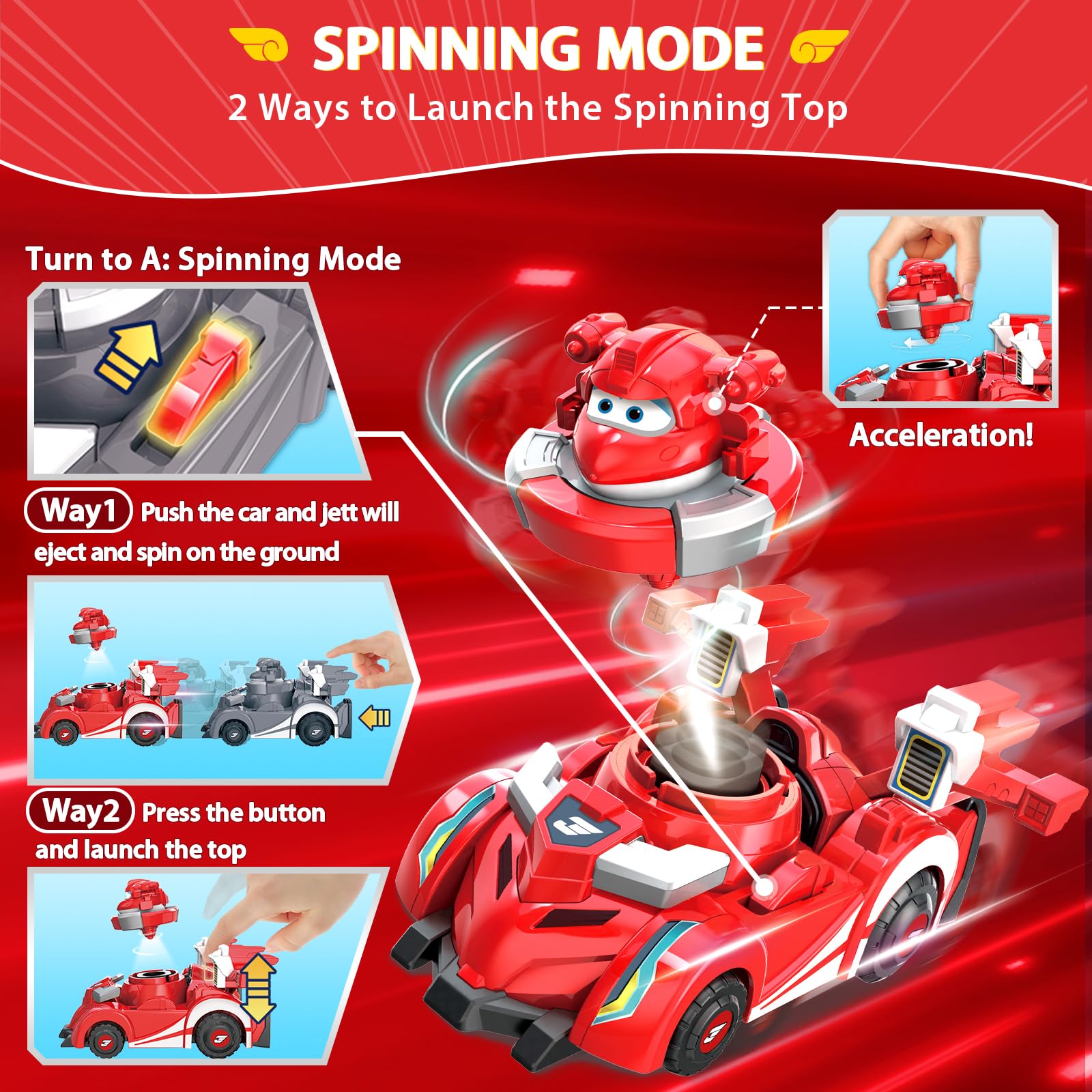 Super Wings Jett Spinning Top & Race Car Toy Set - 2-in-1 Transformable Vehicle Playset for Kids Ages 3-8 | STEM Learning Toy for Boys & Girls | Birthday Gift & Outdoor Play Fun