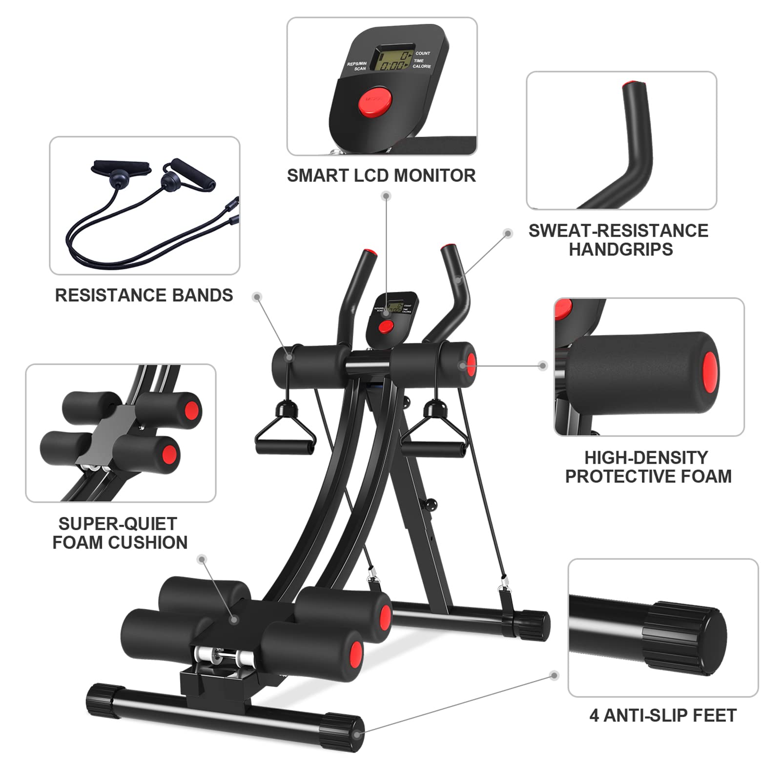 COSTWELL Adjustable Ab Machine for Core Strength Training - Foldable Abdominal Workout Equipment with 2 Resistance Bands for Home Gym | Perfect for Stomach Toning & Waist Training Exercises