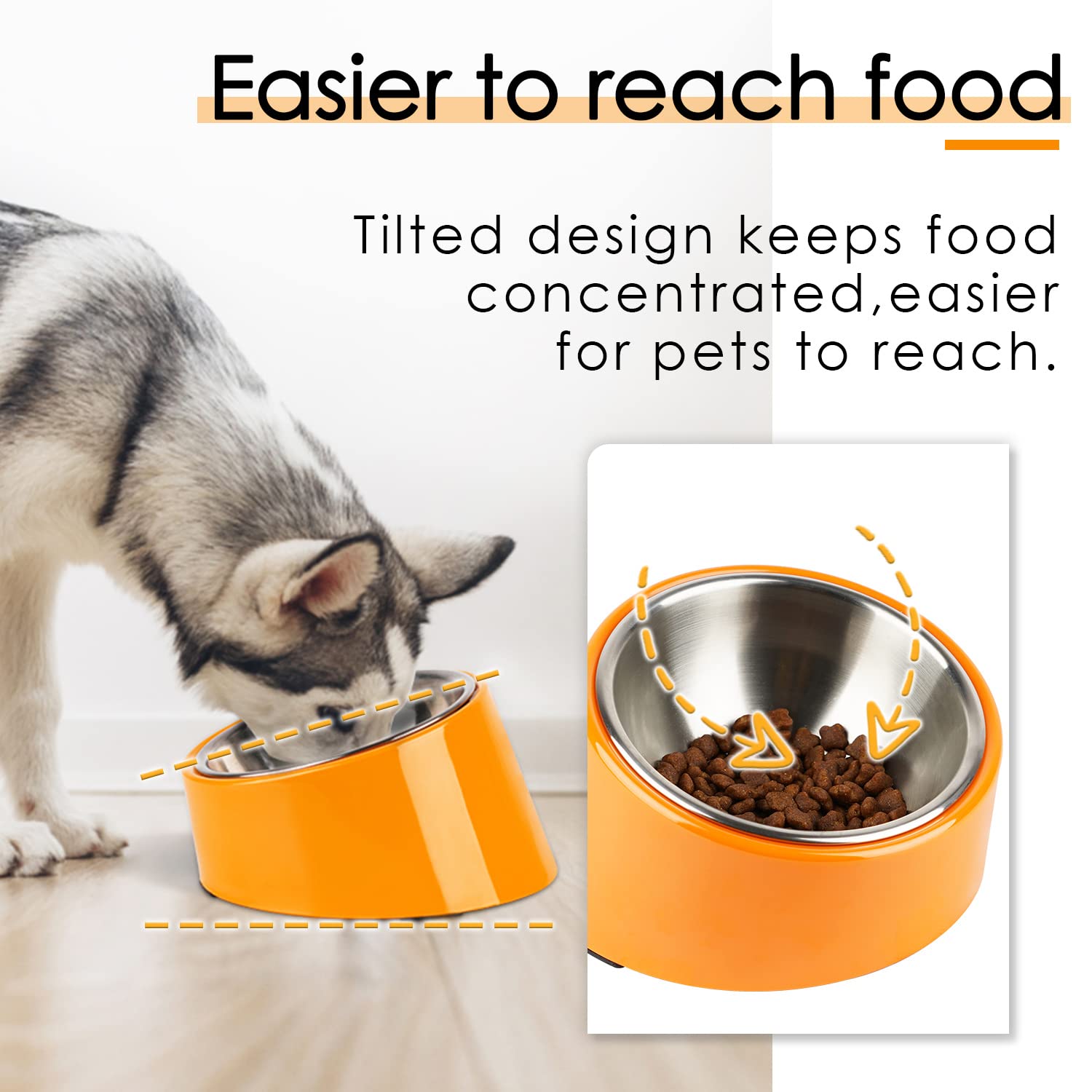 15° Slanted Dog Bowl - Non-Slip, Mess-Free Tilted Pet Food Dish for Bulldogs & Cats | 1 Cup Capacity | Bright Orange | Perfect for Easy Feeding & Reducing Neck Strain
