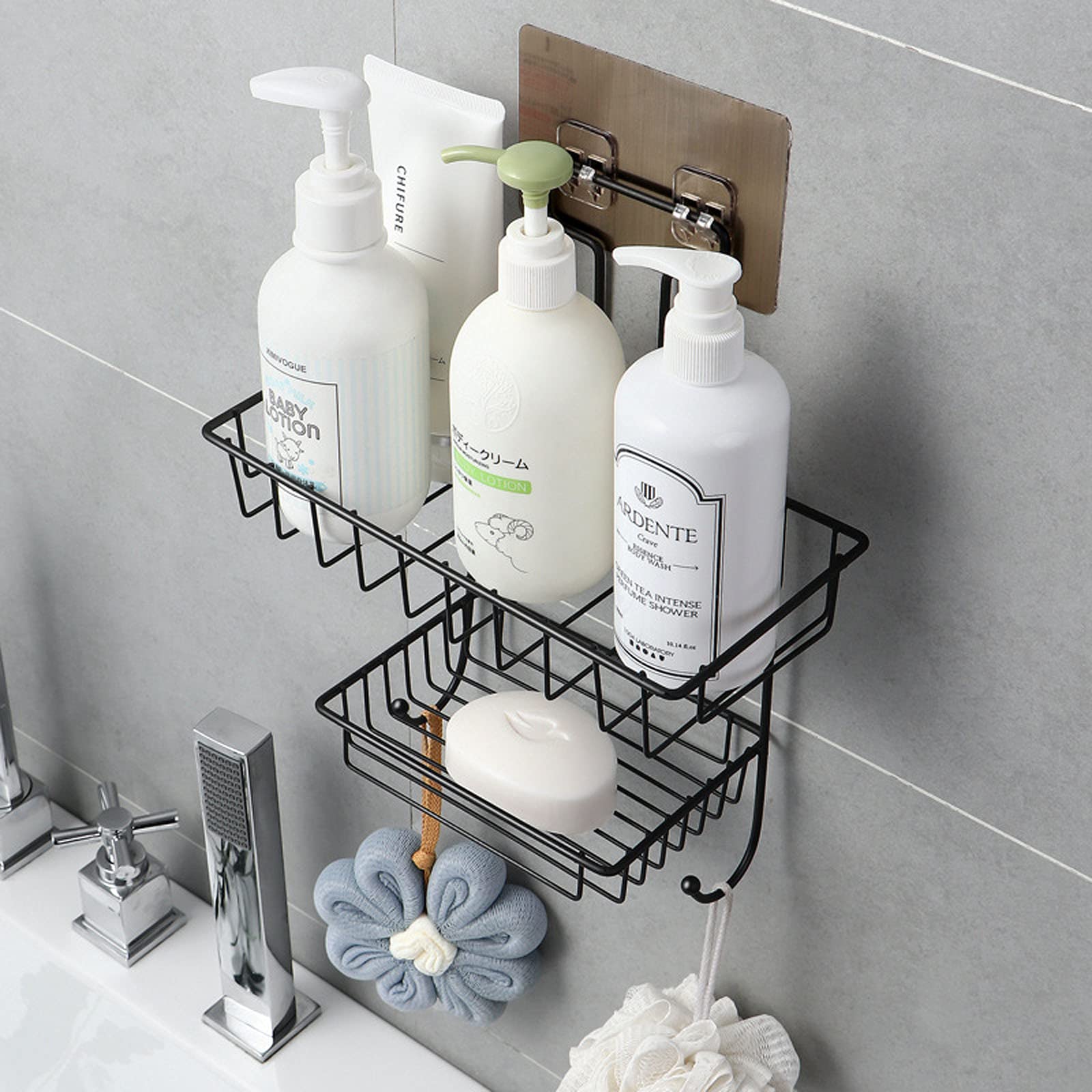 2-Tier Rustproof Shower Caddy with Soap Dish & 2 Hooks - No Drill Wall Mount Bathroom Organizer for Shower, Kitchen, or Bath - Space Saving Storage Shelf (Black) - Perfect for Small Bathrooms, Apartments & Dorm Rooms