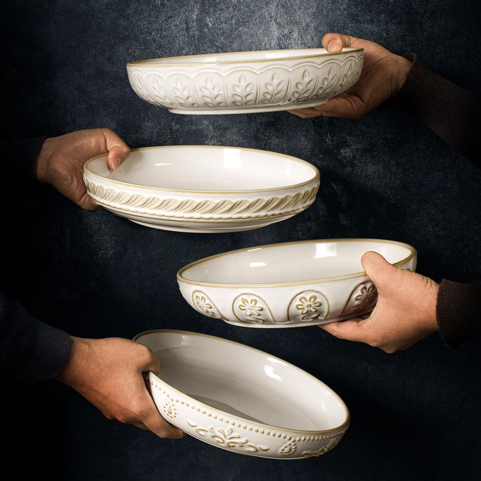 Artena Pasta Bowls Set of 4 - 50oz Large White Ceramic Salad & Soup Bowls - 9.75'' Embossed Shallow Dinner Plates - Microwave & Dishwasher Safe - Floral Damask Design - Perfect for Family Dinners, Entertaining Guests & Restaurant-Style Serving