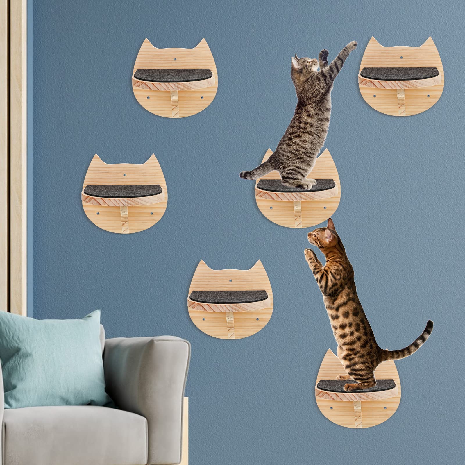 Handepo 6-Piece Cat Wall Shelves with Scratching Mat & Stairs - Durable Wall-Mounted Cat Climbing Perch for Indoor Play, Exercise and Relaxation - Perfect for Small Spaces, Apartments and Cat Trees Alternative