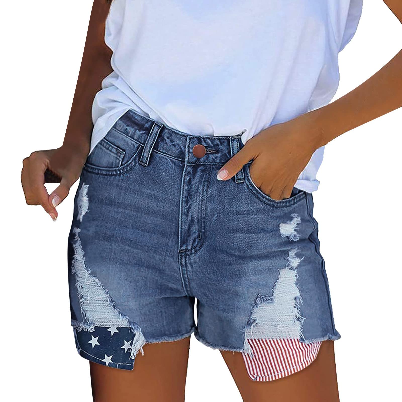 **Women's Ripped Distressed Denim Shorts - High Stretch American Flag Cut Off Jean Shorts for Women | Casual Summer Wear for Beach, Outfits & Street Style**