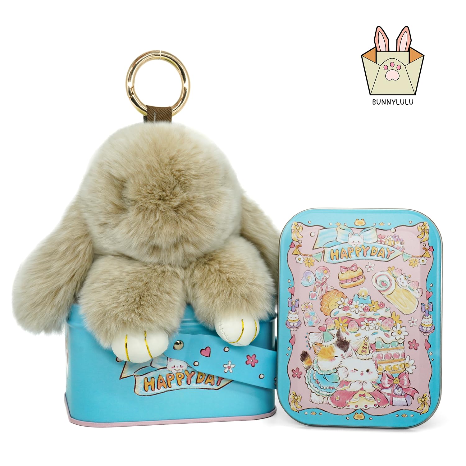 Original Bunnylulu Handmade Soft Bunny PomPom Keychain with Tin - Cute Plush Bunny Keychain for Bags, Gifts & Holidays (Perfect Christmas Present)