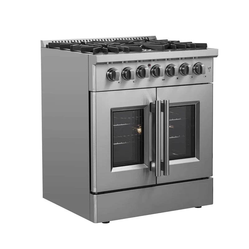 FORNO 30 Inch Freestanding Dual Fuel Range - Stainless Steel French Door Oven with 5 Burners & 68,000 BTU - Model FFSGS6356 - Perfect for Modern Kitchens & Professional Cooking