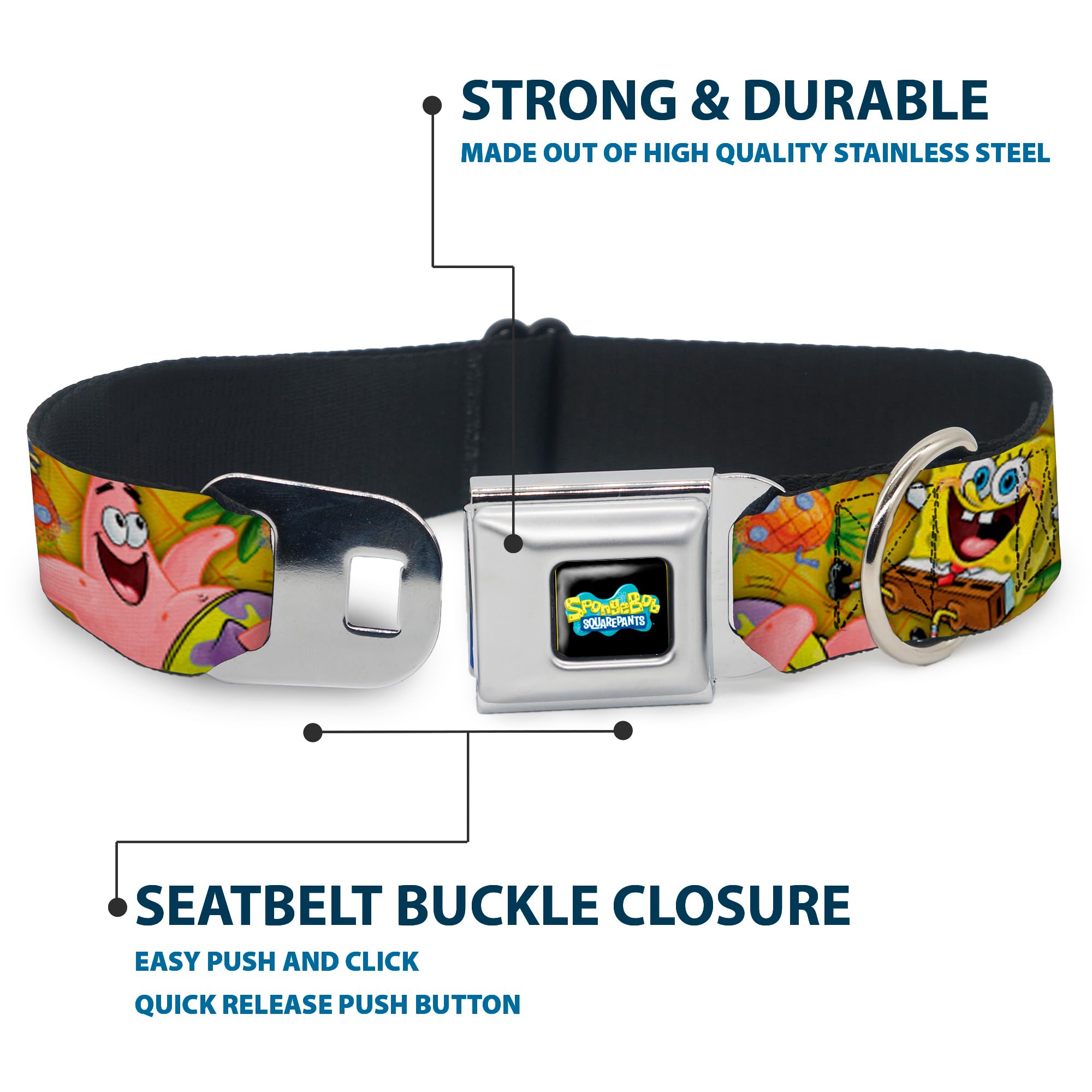 Spongebob & Patrick Starfish Dog Collar with Seatbelt Buckle - Adjustable 11-17 Inches, 1.0 Inch Wide - Fun Pineapple Design for Small & Medium Dogs - Perfect for Car Rides, Walks & Costume Parties