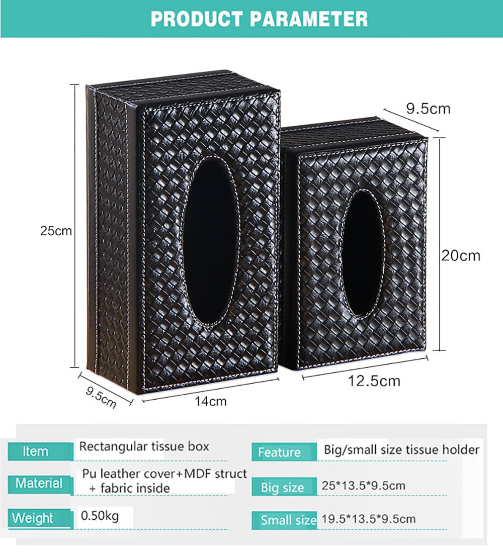Premium Rectangular Leather Tissue Box Cover - Stylish Black Woven Facial Tissue Holder for Home, Office & Car Decor | Elegant Tabletop Decoration & Napkin Storage Solution