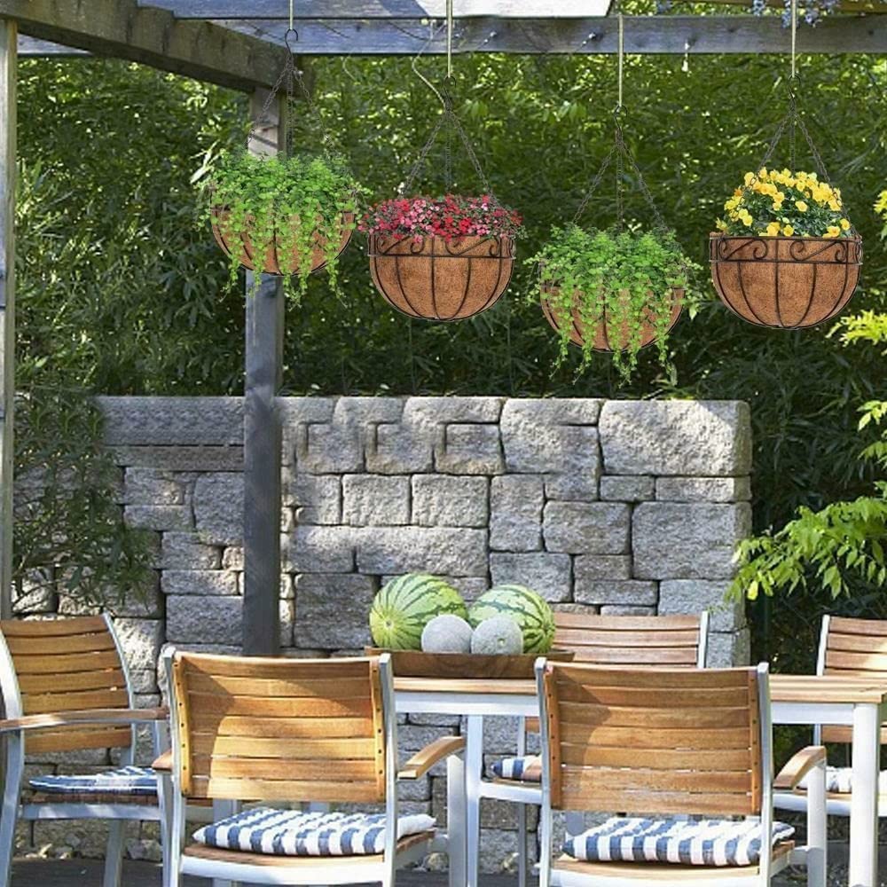 ADHW 12 Inch Metal Hanging Planters - Set of 4 Round Wire Baskets with Chains for Outdoor Flowers & Indoor Plants | Perfect for Porch, Garden, Patio & Home Decor