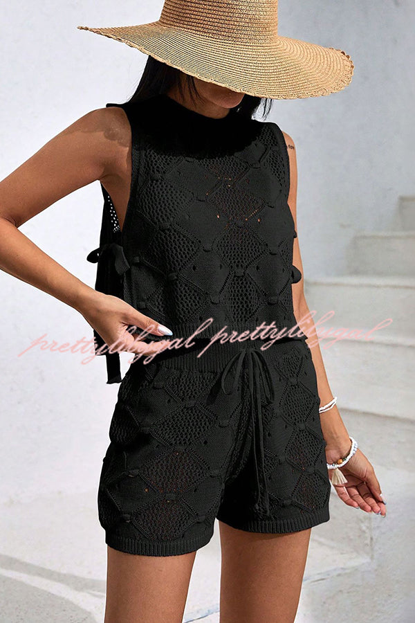 Solid Color Sleeveless Tie Knitted Vest & Loose Elastic Waist Drawstring Shorts Set - Women's Casual Summer Outfit for Beach, Vacation and Streetwear Fashion