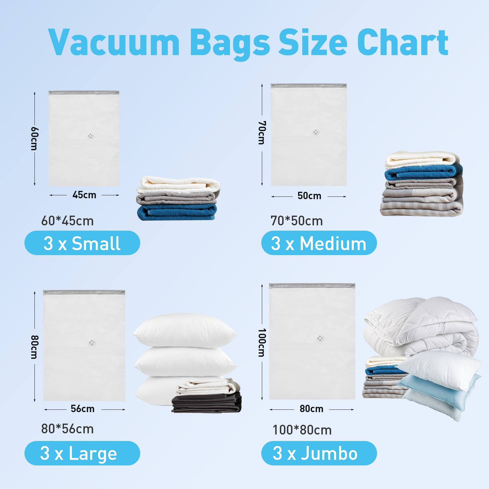 12 Pack Vacuum Storage Bags with Electric Pump - Space Saving Storage Bags for Clothes, Blankets, Duvets & Bedding (3 Jumbo/3 Large/3 Medium/3 Small) | Ideal for Home Organization, Seasonal Storage & Travel Packing