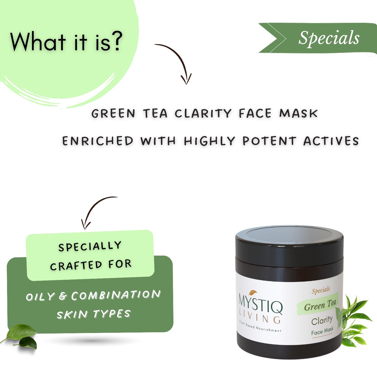 Mystiq Living Green Tea Anti-Acne Face Mask | Clarifying Treatment for Pimples & Acne Marks | Oily, Acne-Prone & Combination Skin Care | 100g | Perfect for Daily Skincare & Post-Breakout Recovery