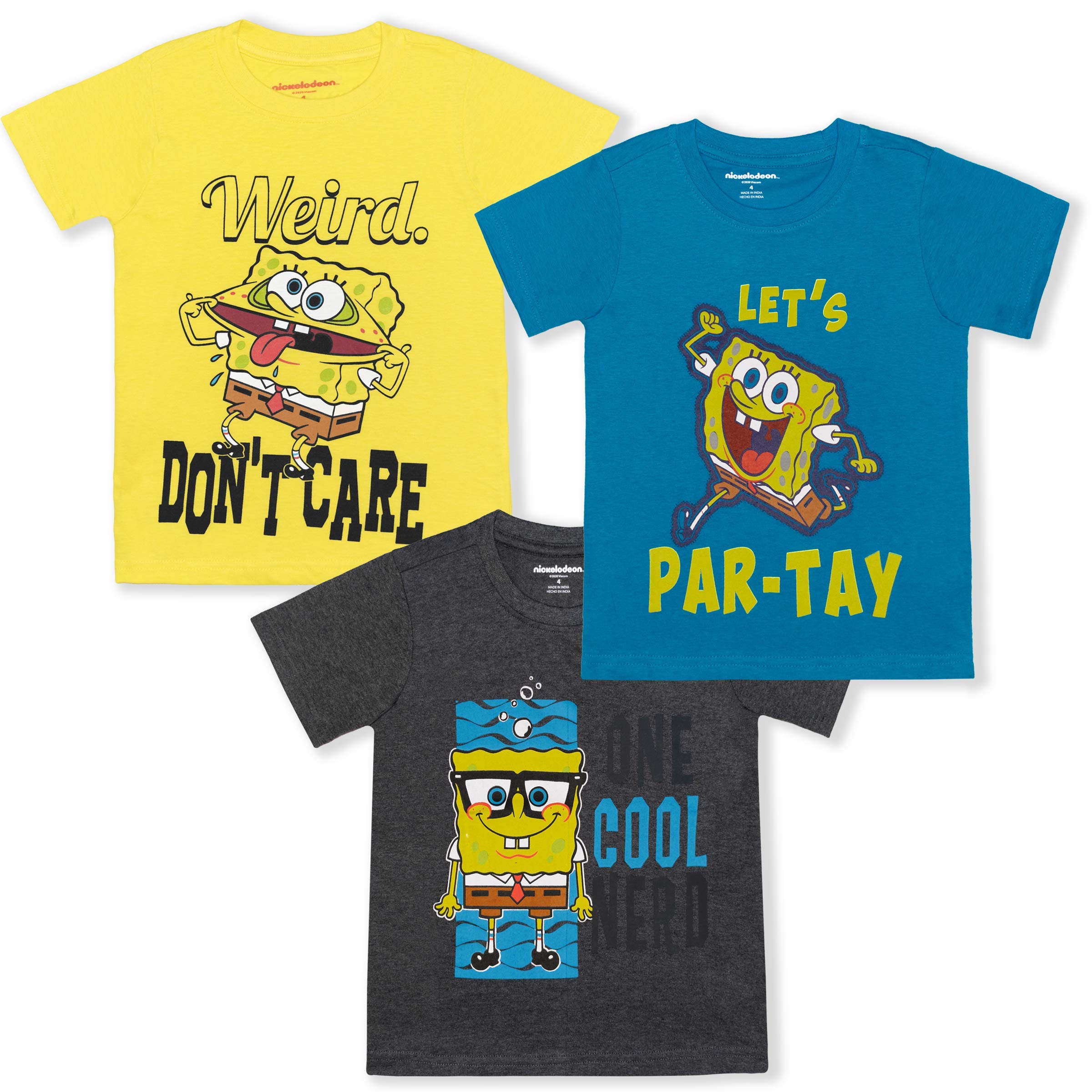 SpongeBob SquarePants Boys' 3-Piece Short Sleeve Graphic T-Shirt Set | Nickelodeon Cartoon Character Outfits for Kids | Perfect for School, Playdates & Birthday Parties