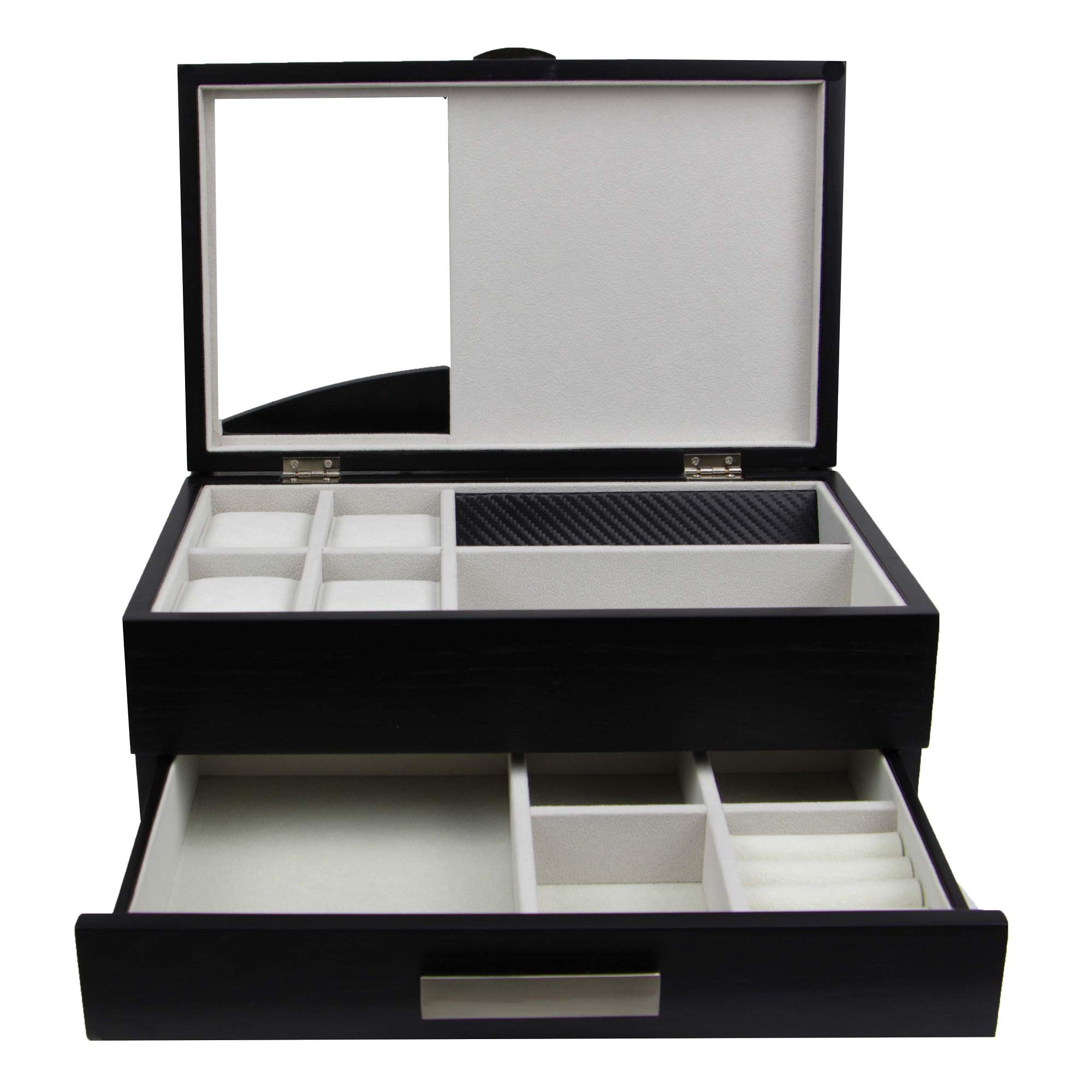 Premium Wooden Valet Storage Box Organizer for Men - Executive Style Jewelry & Watch Organizer with Drawers (Black) - Perfect for Dresser Top, Nightstand, or Closet Organization