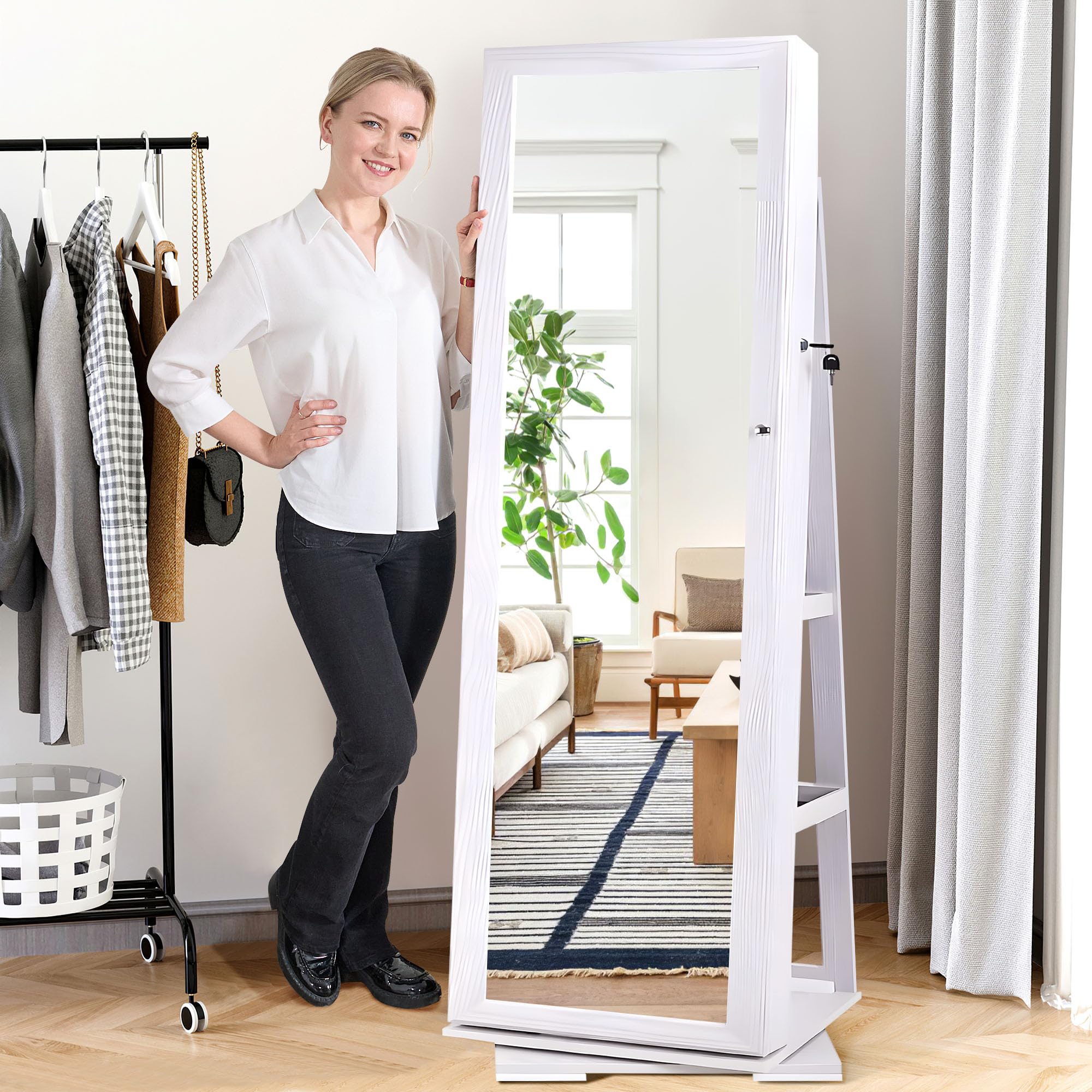 SOGES 360° Swivel Full Length Jewelry Mirror Cabinet with Lockable Storage & Rotating Organizer - White | Standing Mirror with Back Shelves for Jewelry Display & Bedroom Decor