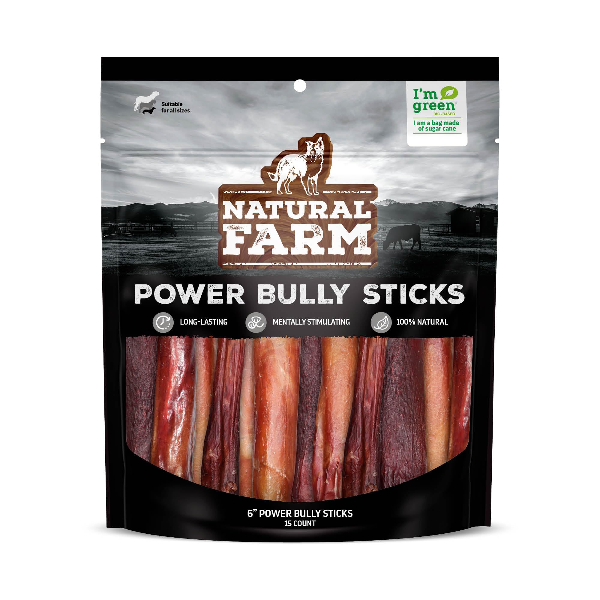 Natural Farm Power Bully Sticks Dog Chews (6-Inch, 15-Pack) - 2-in-1 Power Chews with Premium Beef Cheek Wrapped in Beef Pizzle - Long-Lasting Dental Treats for Small, Medium & Large Dogs - Perfect for Training, Teething & Oral Health Care