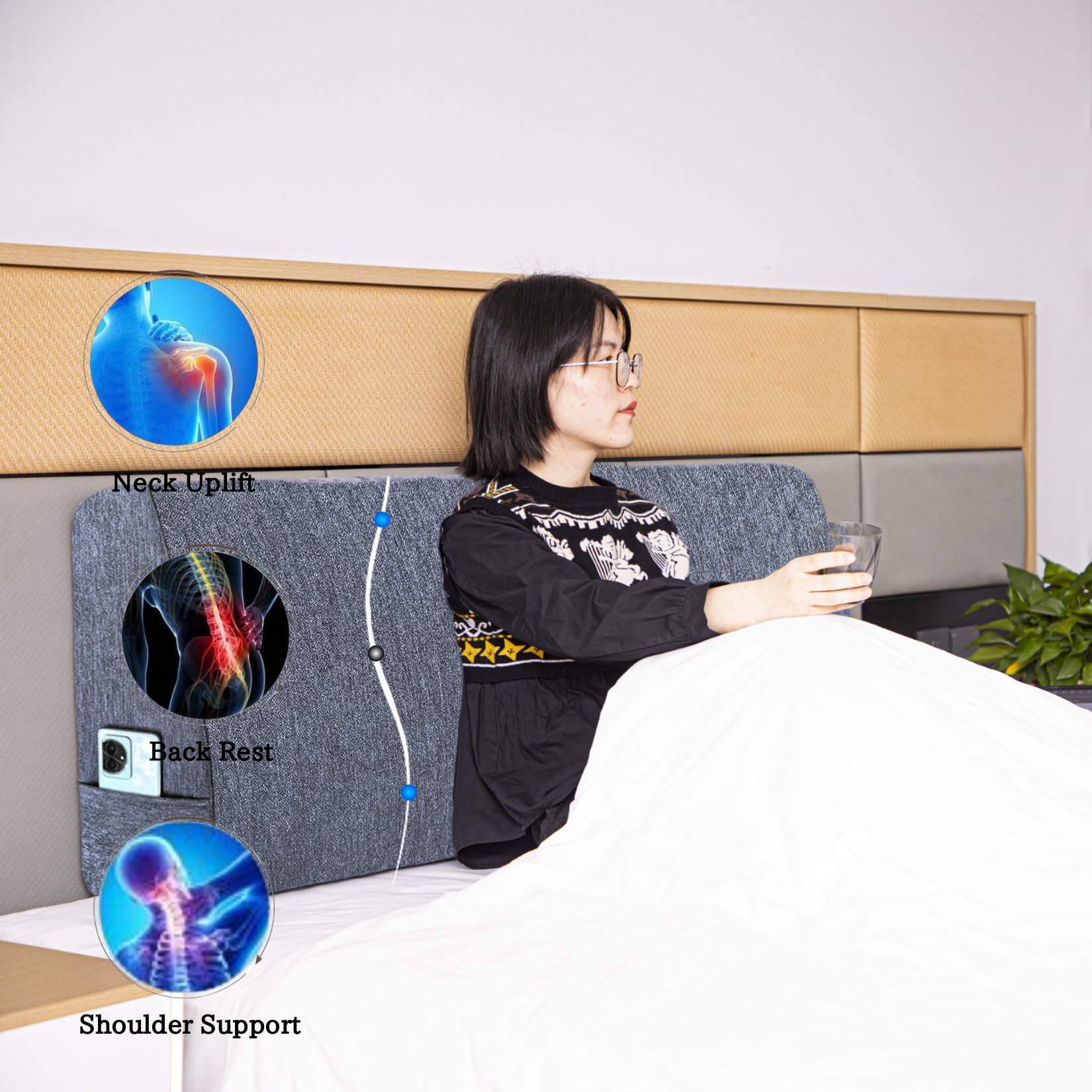 King Size Headboard Wedge Pillow for Bed - Adjustable Backrest Reading Pillow with Removable Dark Blue Cover - Perfect for Sitting Up in Bed, Reading, Working or Watching TV