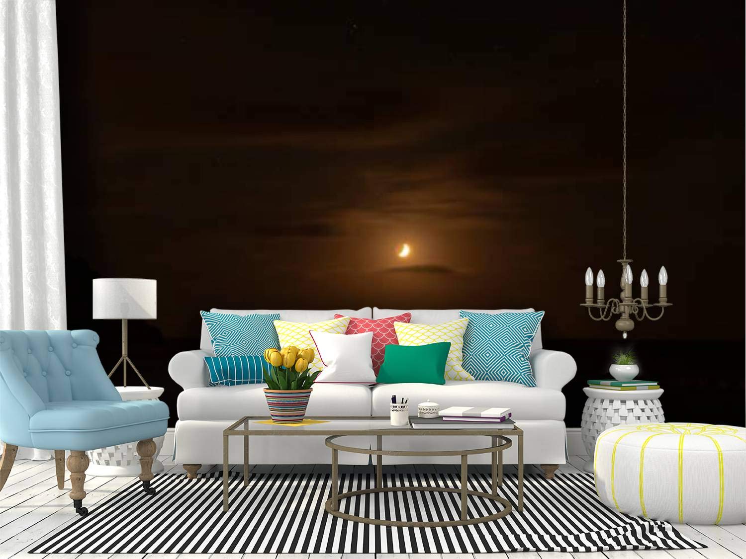 SKIWA Removable Peel and Stick Wallpaper - Moon Over Ocean with Clouds and Stars Night Sky Design, Self-Adhesive Decorative Wall Mural for Bedroom, Living Room, Nursery Home Decor