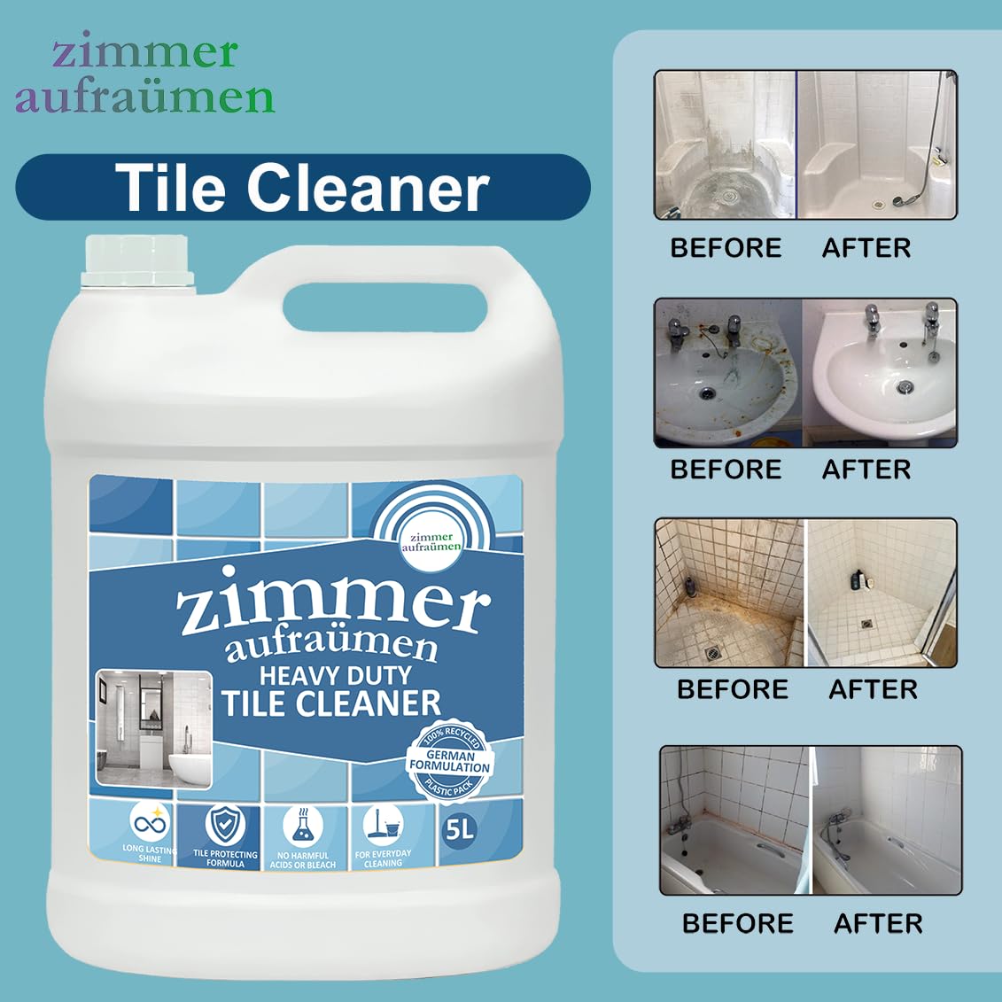 Zimmer Aufraumen Bathroom Tile Cleaner (5L) - Powerful Stain Remover for Ceramic, Porcelain & Grout - Ideal for Showers, Bathtubs & Sinks