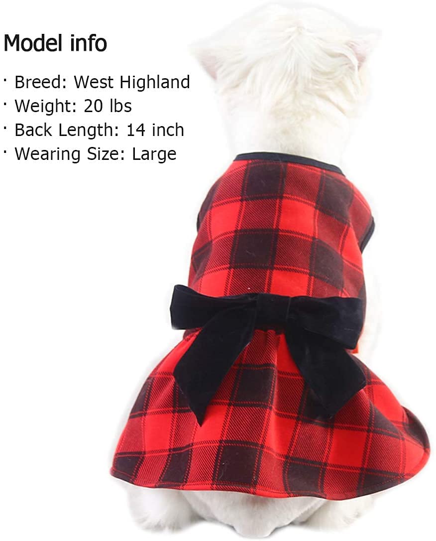 KYEESE Red Buffalo Check Christmas Dog Dress with Bowtie - Medium Size Pet Costume for Holiday Parties & Family Photos