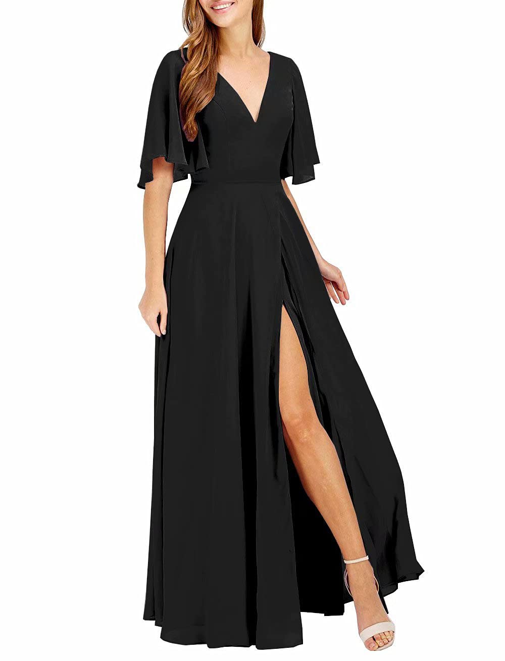 Elegant V-Neck Chiffon Bridesmaid Dress with Ruffle Sleeves & Pockets - A-Line Formal Evening Gown for Wedding, Prom & Special Occasions