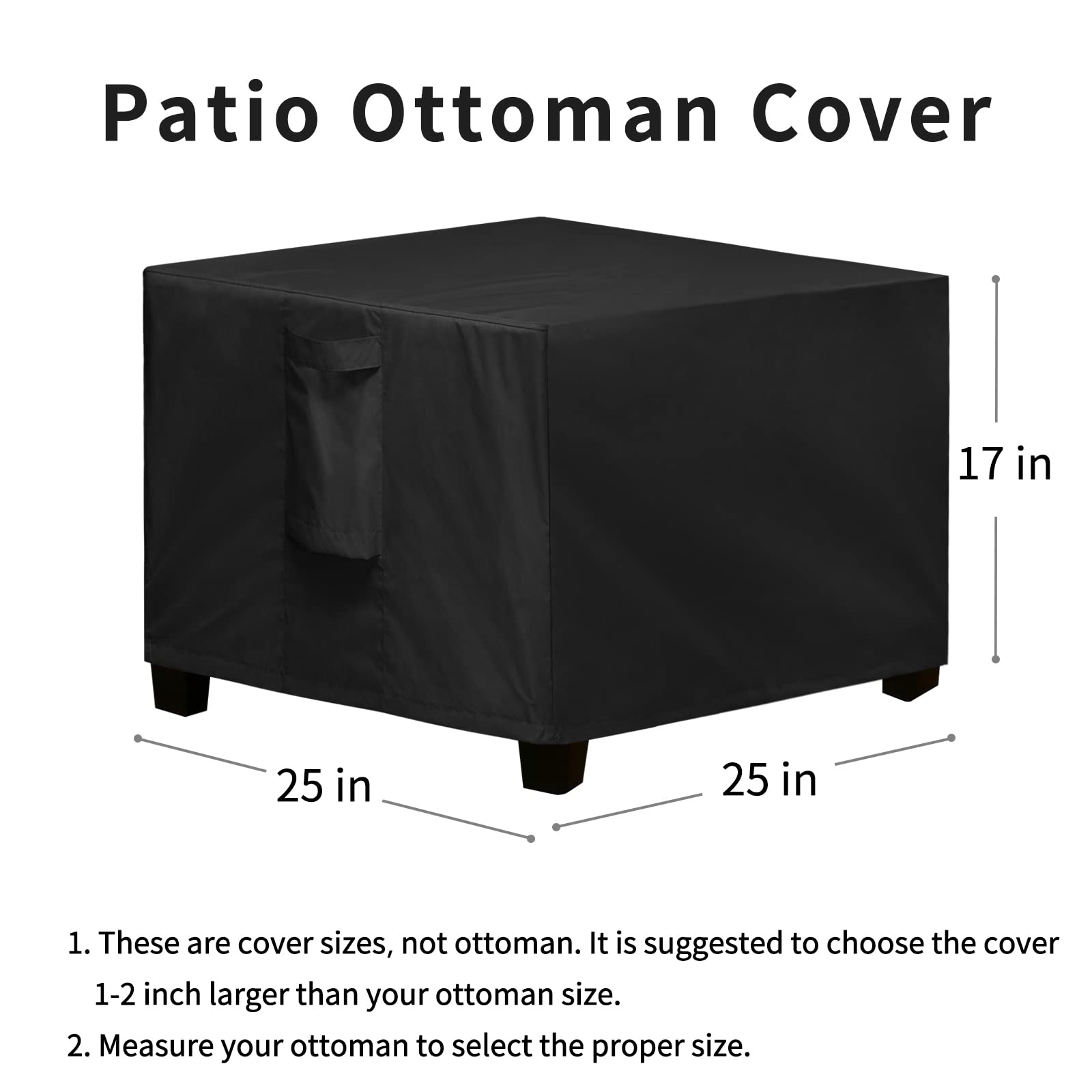 Waterproof Square Patio Ottoman Cover 25x25x17 Inch - Fade Resistant Outdoor Furniture Protector with Sealed Seams for Side Table, Deck & Garden Use - Durable Black Weatherproof Cushion Cover