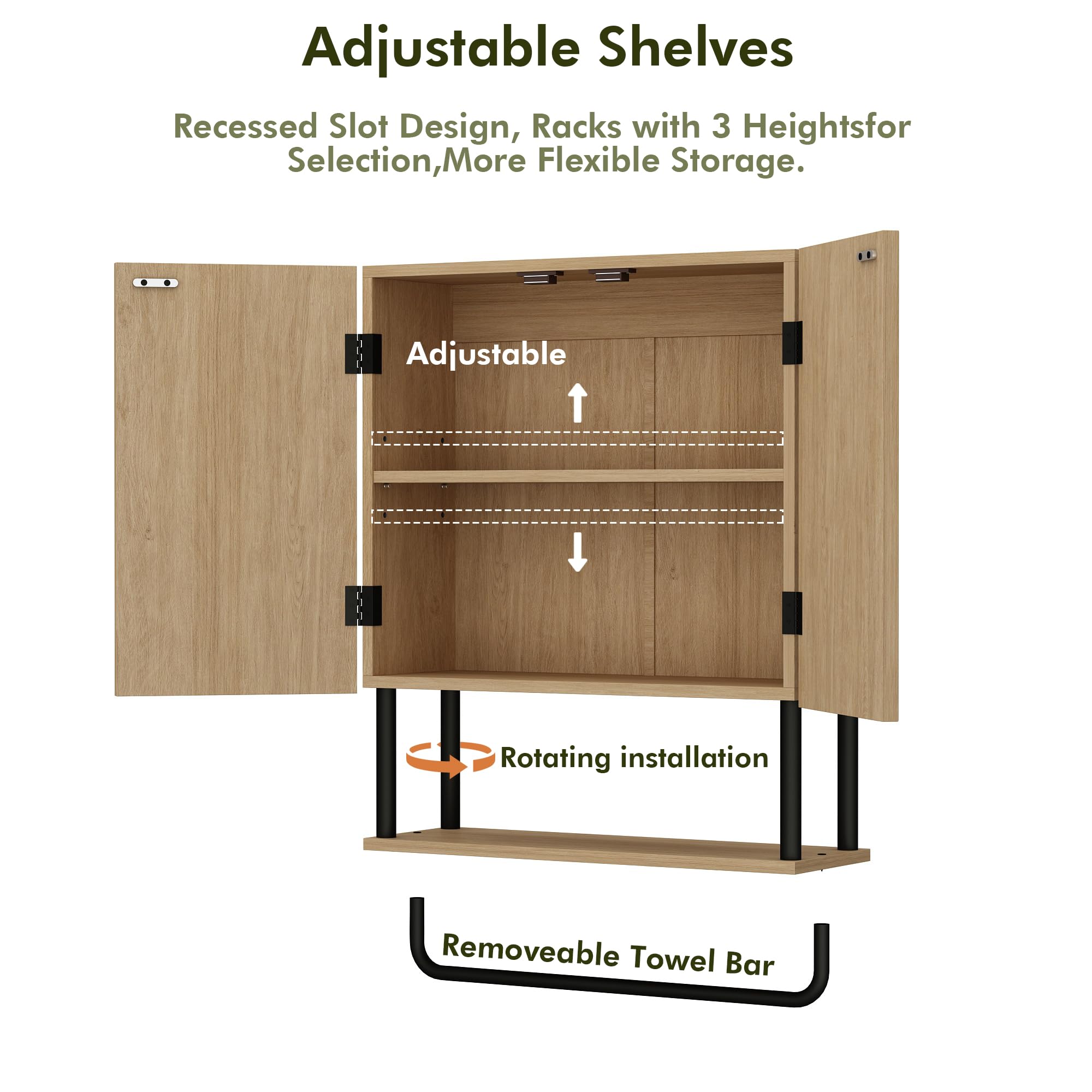 RUSTOWN 2-Door Fluted Bathroom Wall Cabinet - 3-Tier Modern Farmhouse Medicine Cabinet with Adjustable Shelf & Towel Bar - Over The Toilet Storage (Natural, Medium) - Perfect for Small Bathrooms, Vanity Organizer & Towel Storage