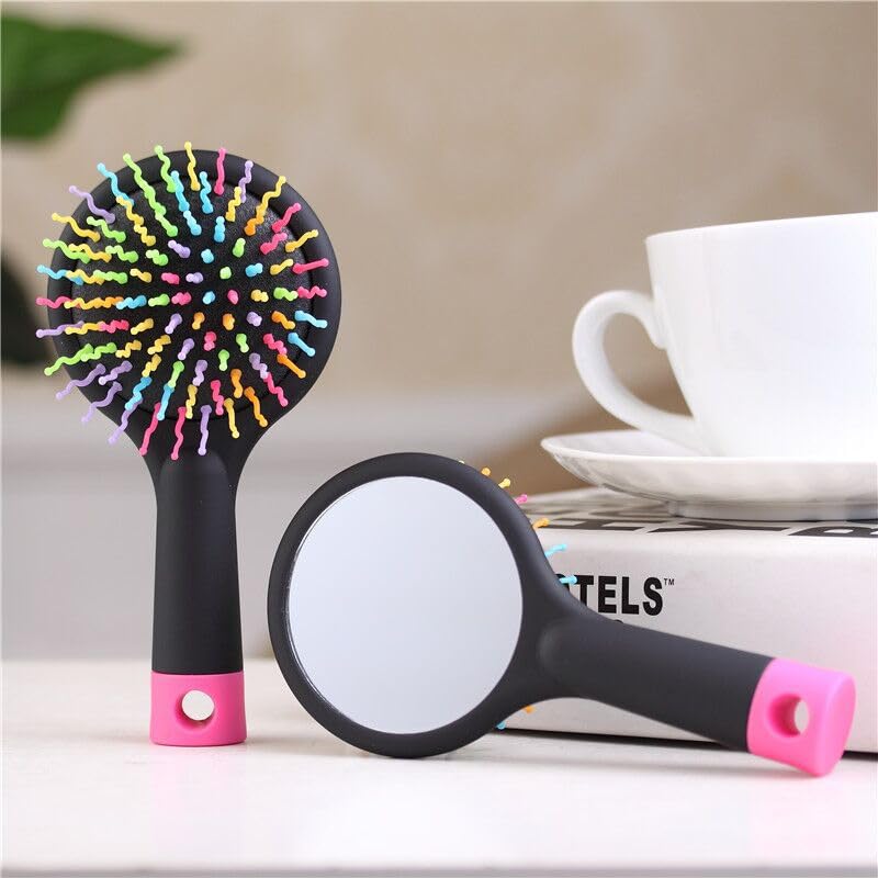 Alexvyan Black Rainbow Bristles Travel Hair Comb with Mirror - Compact Pocket Hairbrush for Women & Kids - Perfect for Travel, Home, and On-the-Go Styling