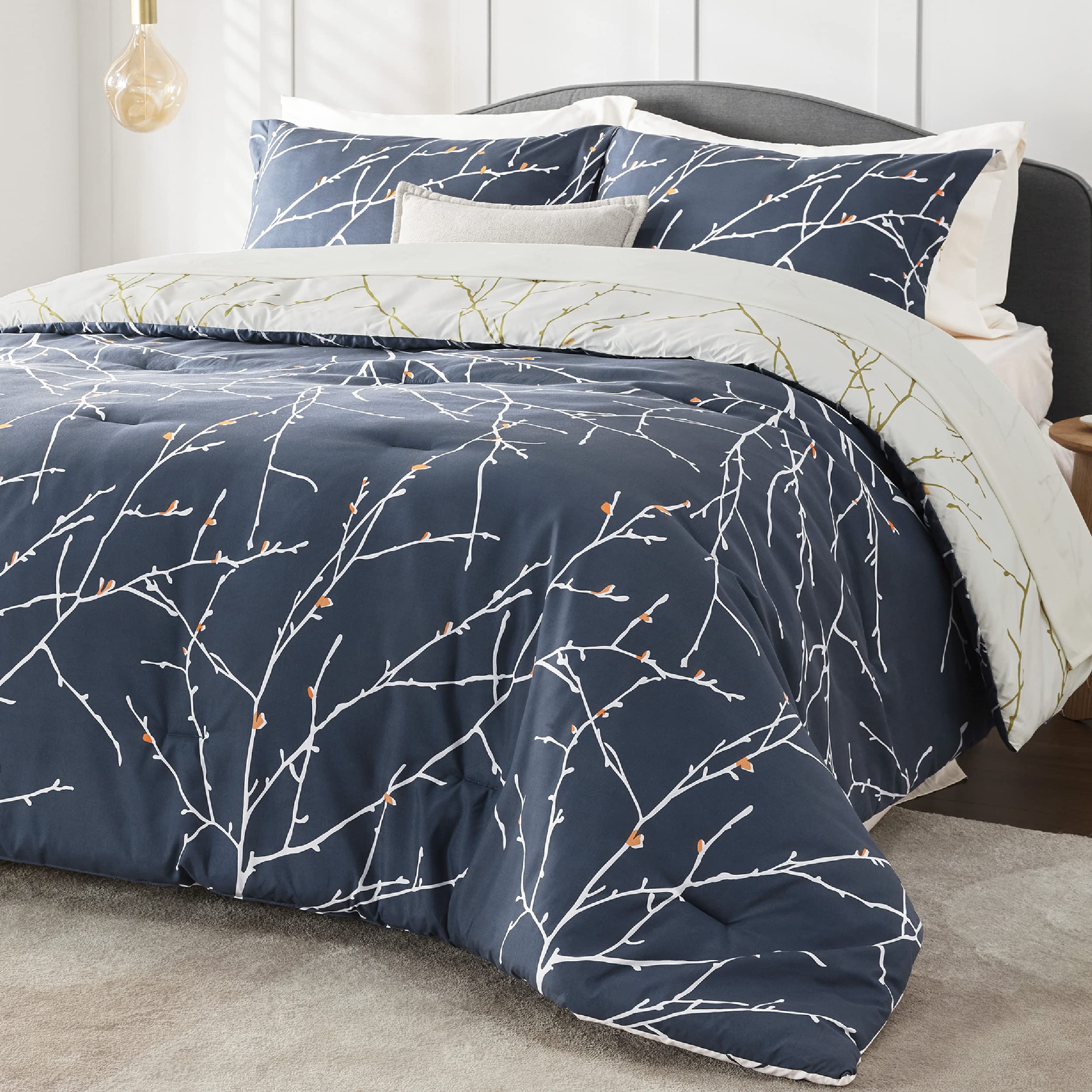 Bedsure King Comforter Set - 7 Piece Floral Navy Blue Bedding Set with Tree Branch Pattern, Includes Comforter, Sheets, Pillowcases & Shams | Complete Bed in a Bag for King Size Bed | Perfect for Master Bedroom, Guest Room & Cozy Home Decor