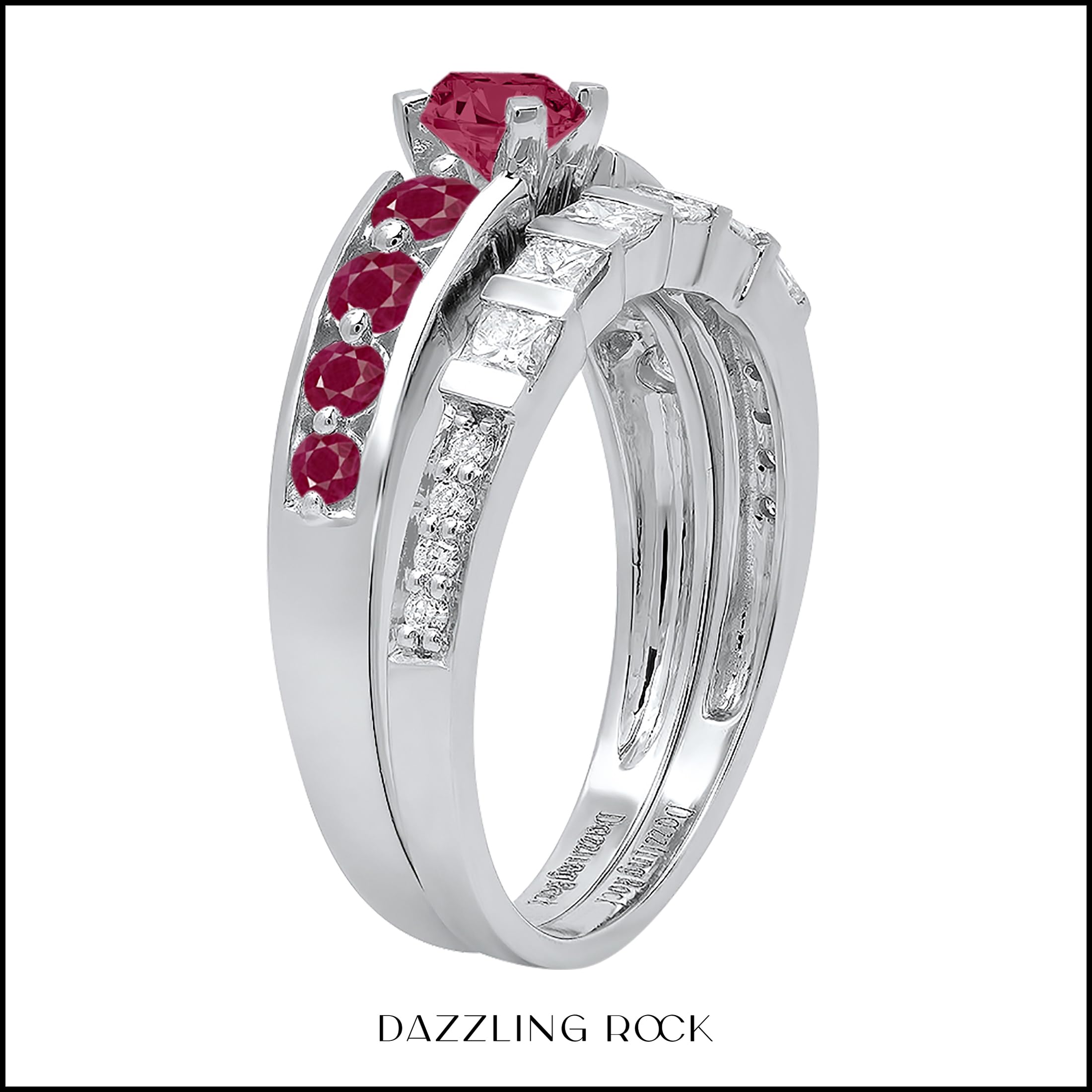 Dazzlingrock Collection 18K White Gold Princess & Round Cut Diamond Ruby Bridal Engagement Ring Set for Women - Perfect for Proposals, Weddings & Anniversary Gifts