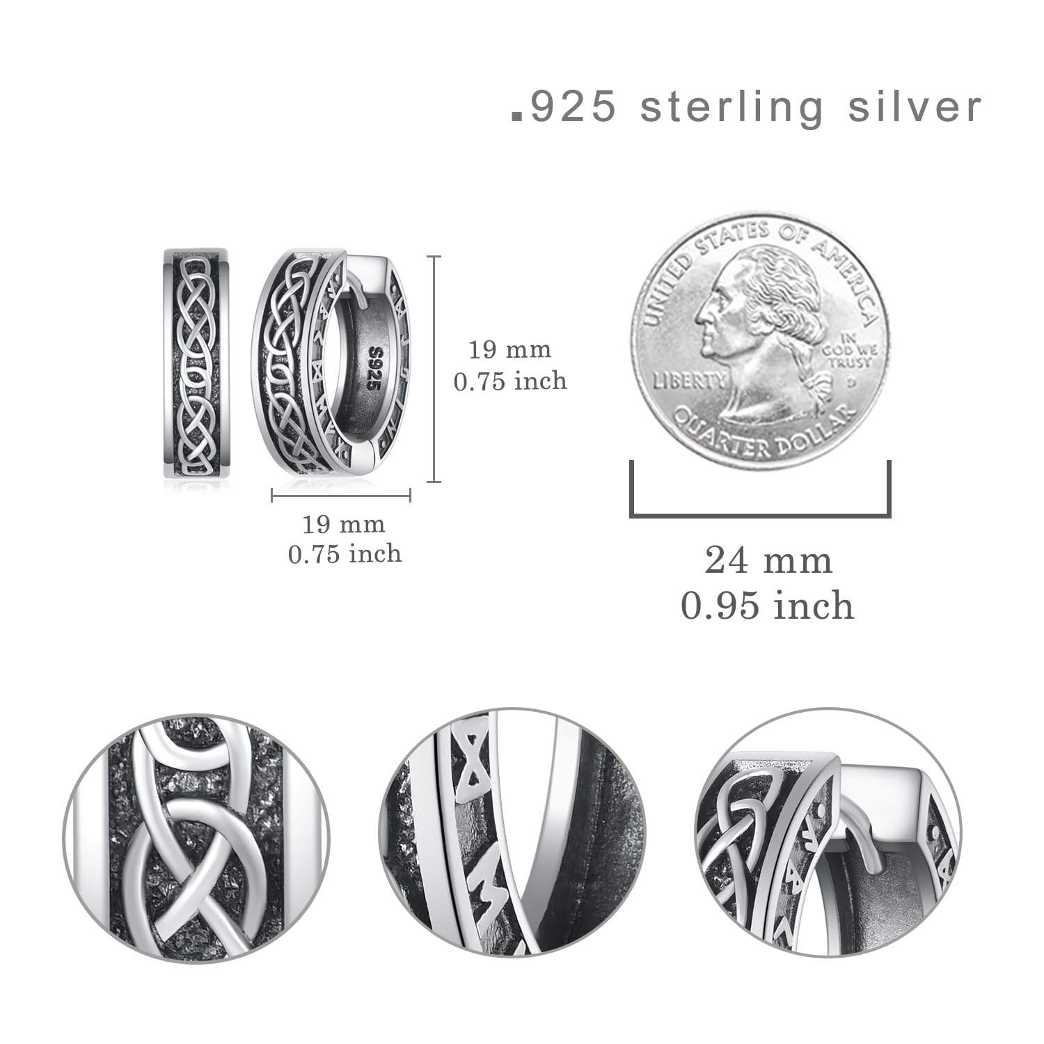 Viking 925 Sterling Silver Black Hoop Earrings for Men & Women - Norse Jewelry Gift for Birthday, Anniversary & Viking Lovers - Perfect for Cosplay, Historical Reenactment & Everyday Wear