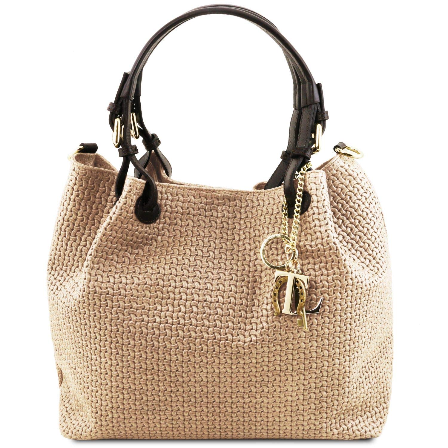 Tuscany Leather TL KeyLuck Woven Printed Leather Shopping Bag for Women - Stylish Beige Handbag for Work, Travel & Everyday Use