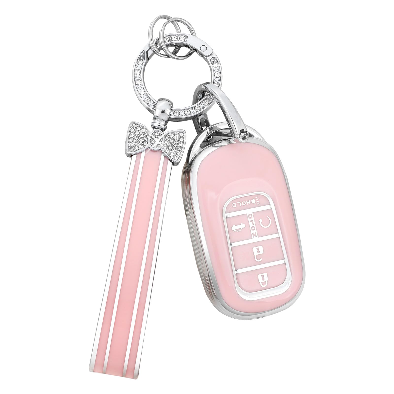 PIFOOG 5-Button Key Fob Cover for Honda 2023-2024 Models (Accord, Civic, HRV, CRV, Pilot) - TPU Protective Case Shell with Bling Keychain - Women's Girly Pink & Silver Design - Perfect for Daily Use, Car Key Protection, and Stylish Accessorizing