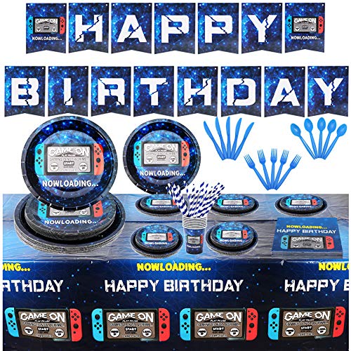 162CT Video Game Party Supplies Set - Includes Paper Plates, Cups, Straws, Napkins, Utensils, Table Cover & Banner | Perfect for Video Game Themed Birthday Parties & Events | Serves 20 Guests | Great for Gaming Parties, Streamer Events & Esports Celebrations