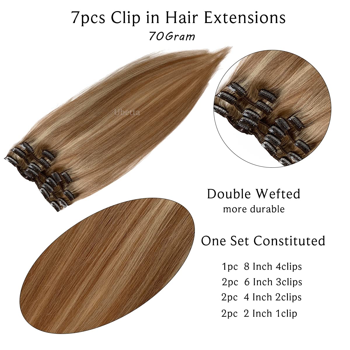 Chocolate Brown to Golden Brown Clip in Hair Extensions with Blonde Highlights - 7 Pcs 70G Remy Human Hair Double Weft Straight Extensions for Women - 20