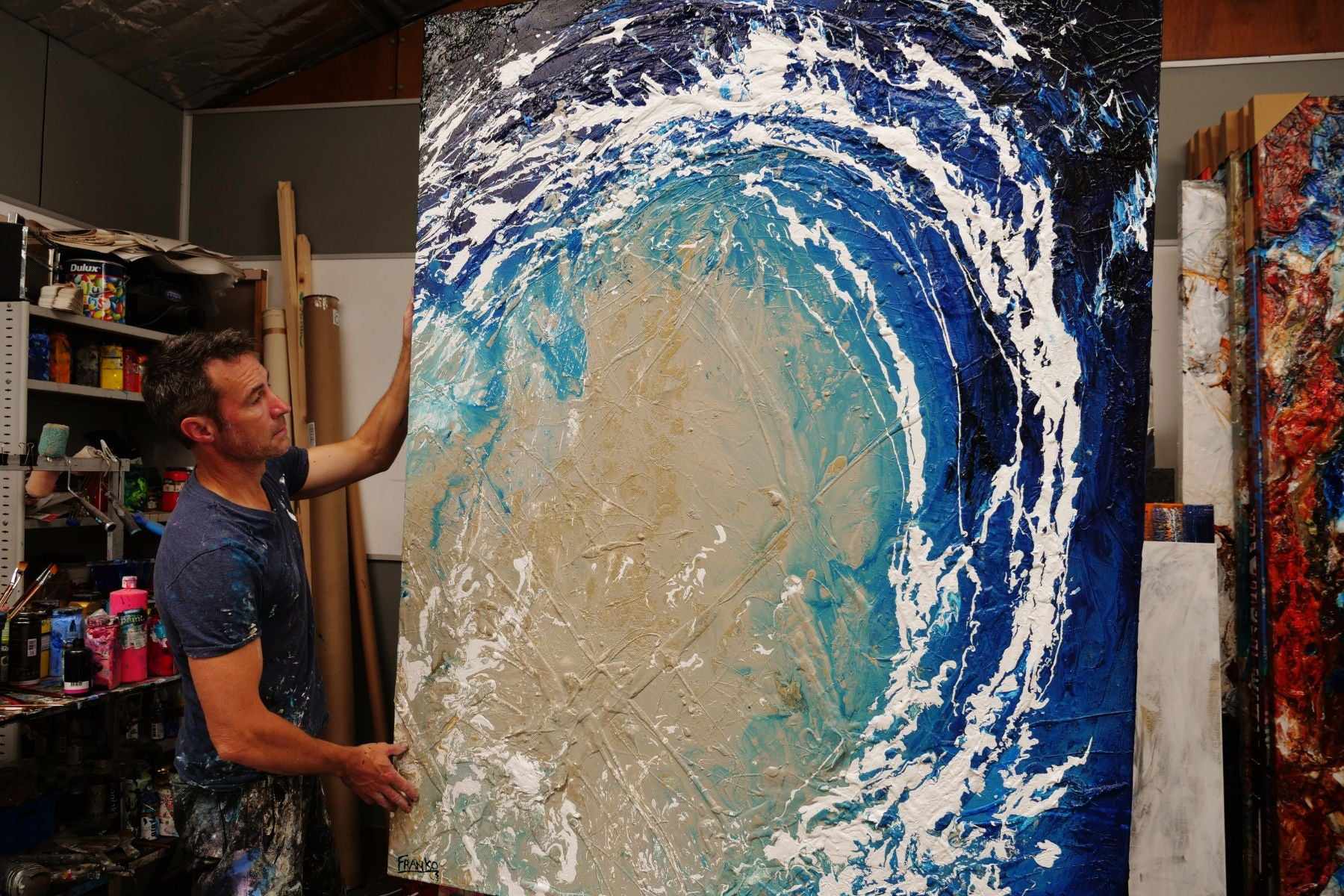 140cm x 180cm Cream Blue Textured Abstract Ocean Painting - Sapphire Reef Wall Art for Living Room, Bedroom & Office Decor