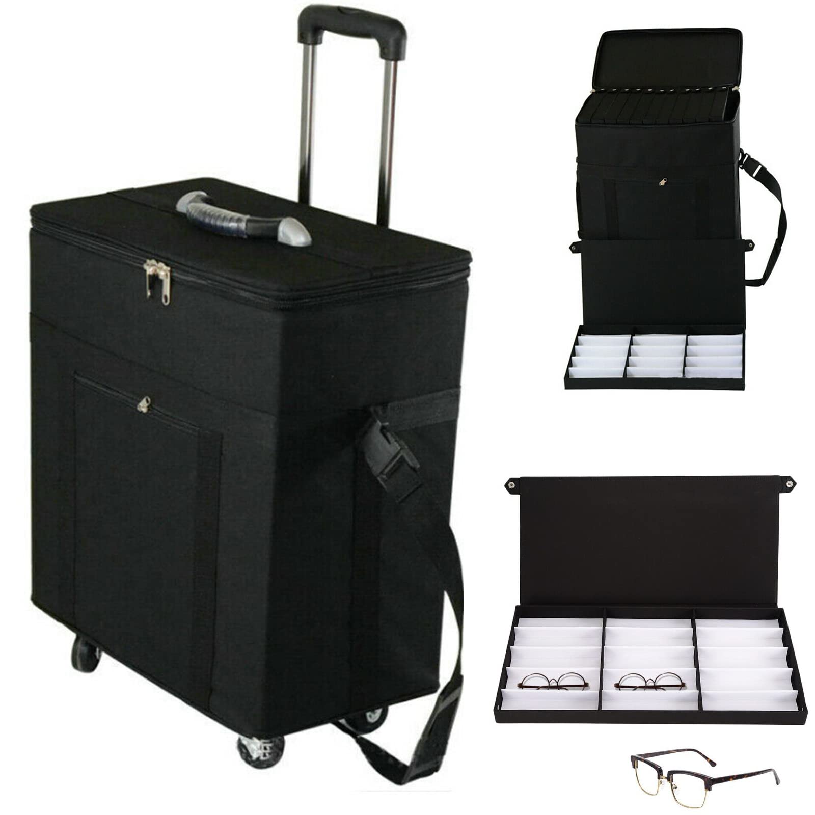 180-Slot Eyeglasses Organizer & Display Case - Travel Trolley Storage Box with Oxford Cloth Compartments | Eyewear Storage Solution for Retail Stores, Optical Shops & Travel Organization