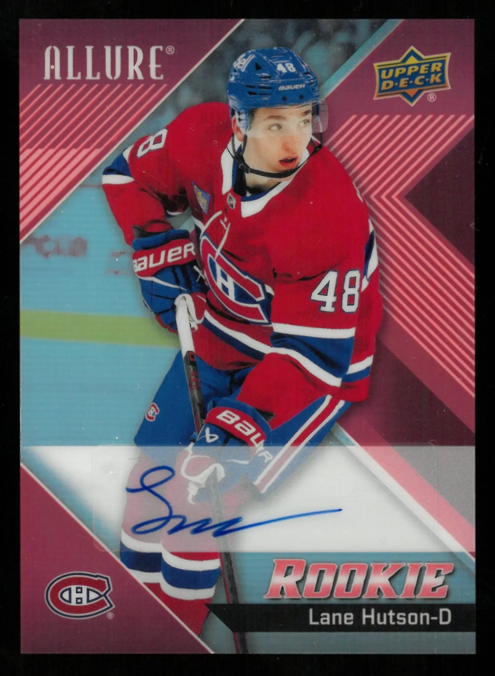 2024-25 Upper Deck Allure Hockey Lane Hutson Rookie Red Rainbow Auto SP - Rare Collectible Hockey Card for Trading, Display & Investment