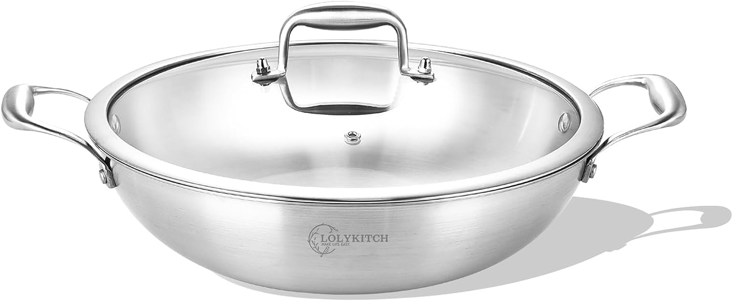 13 Inch Tri-Ply Stainless Steel Wok Pan with Lid - 5.8 Quart Deep Frying Pan, Jumbo Cooker for Induction, Gas & Electric Stoves - Oven & Dishwasher Safe - Perfect for Stir-Fry, Deep Frying & Family Cooking