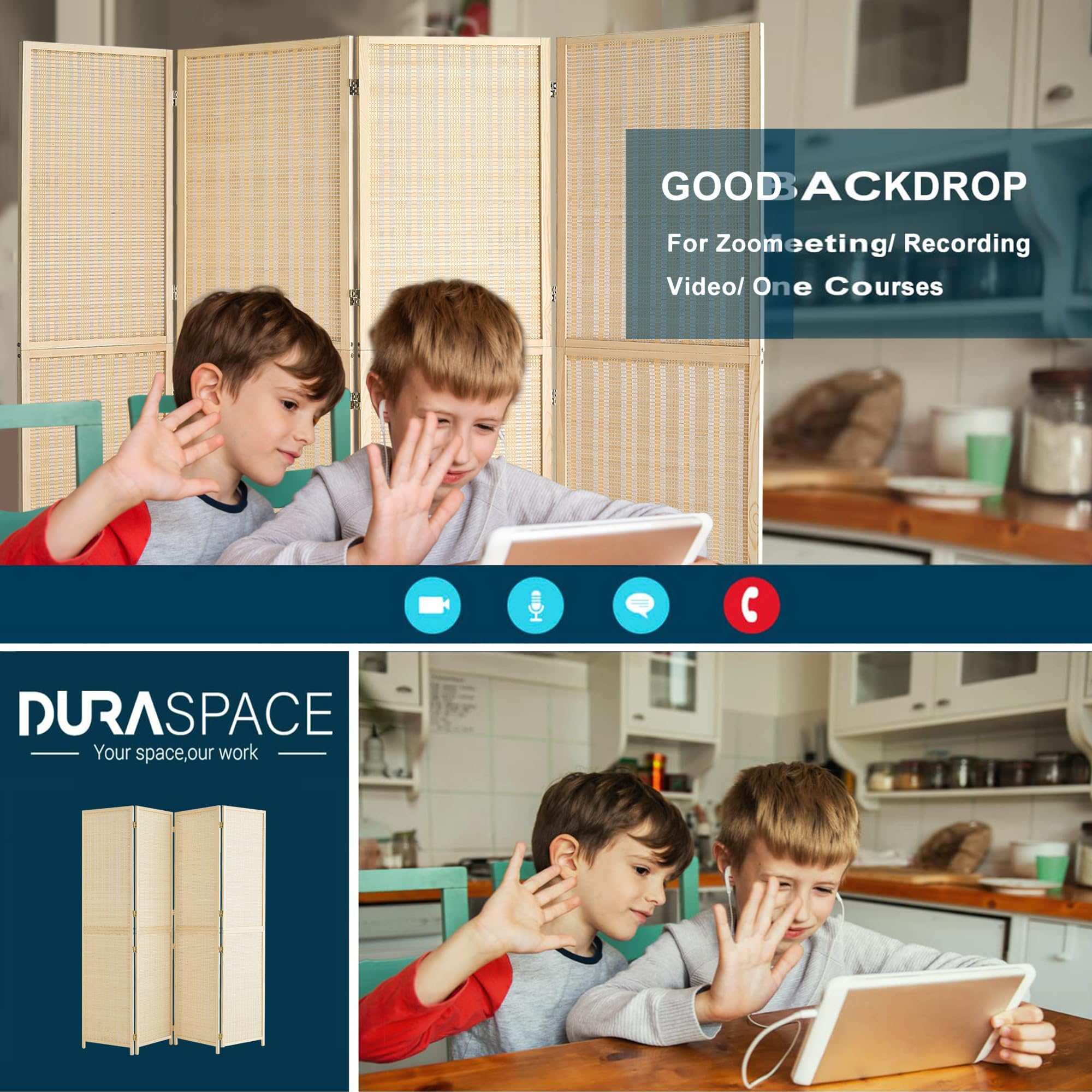 Duraspace 4 Panel Bamboo Room Divider - 6ft Tall Folding Privacy Screen for Home & Office - Portable Freestanding Wall Partition with Sturdy Double Hinge - Perfect for Room Separation, Bedroom Privacy, and Event Decoration