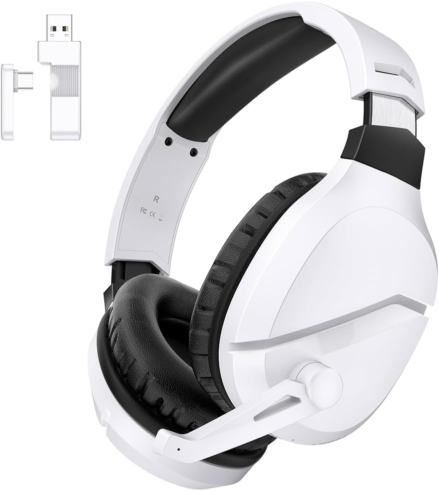 Wireless Gaming Headset with Noise Canceling Mic for PS5, PC, PS4 - 2.4G/Bluetooth Headphones with USB & Type-C - Wired Controller Mode - White - Perfect for Competitive Gaming & Online Chat