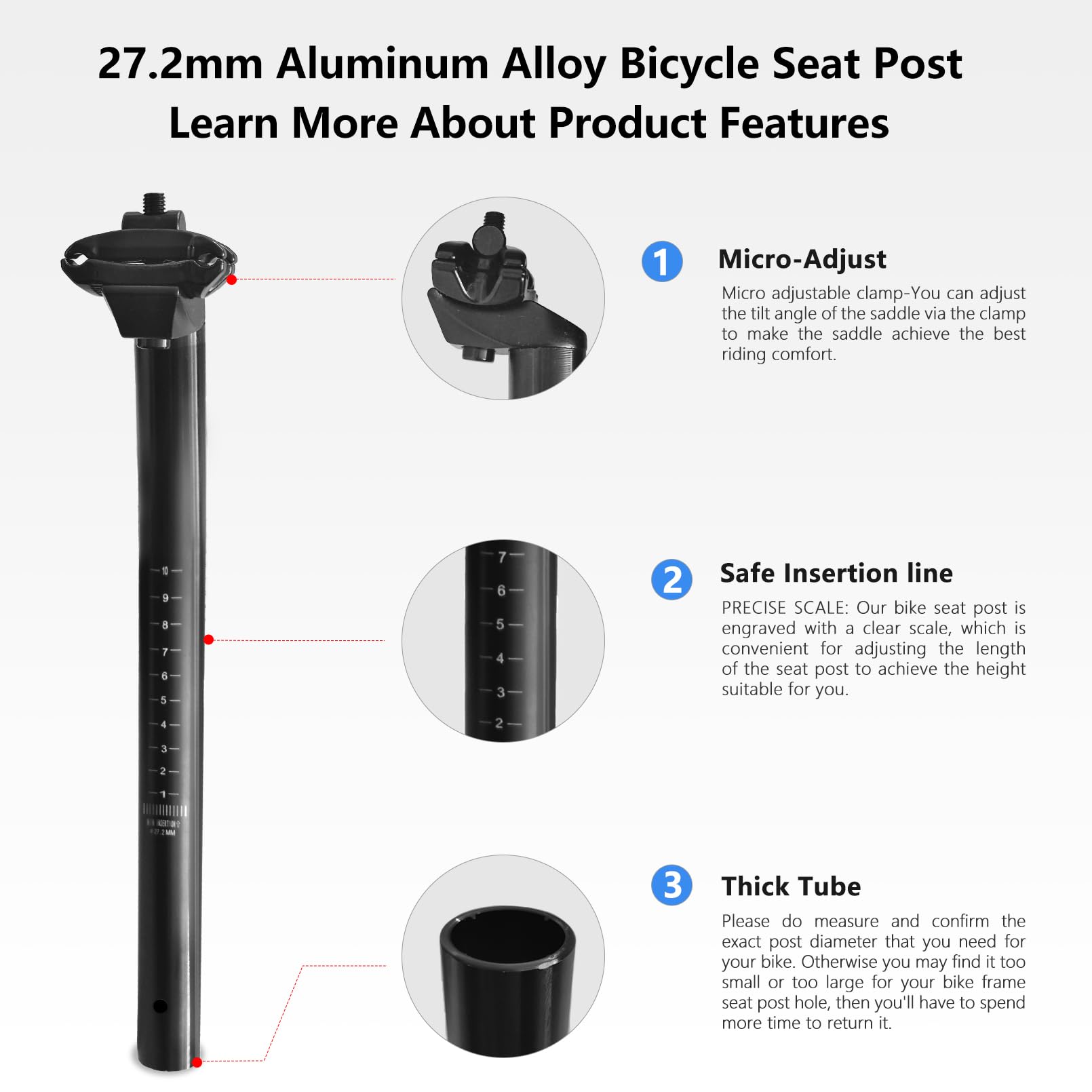 27.2mm Bike Seat Post - 350mm Adjustable Bicycle Seatpost for Road, Mountain & BMX Bikes | Angle & Height Adjustable Cycling Seat Clamp | Perfect for Commuting, Trail Riding & Urban Cycling