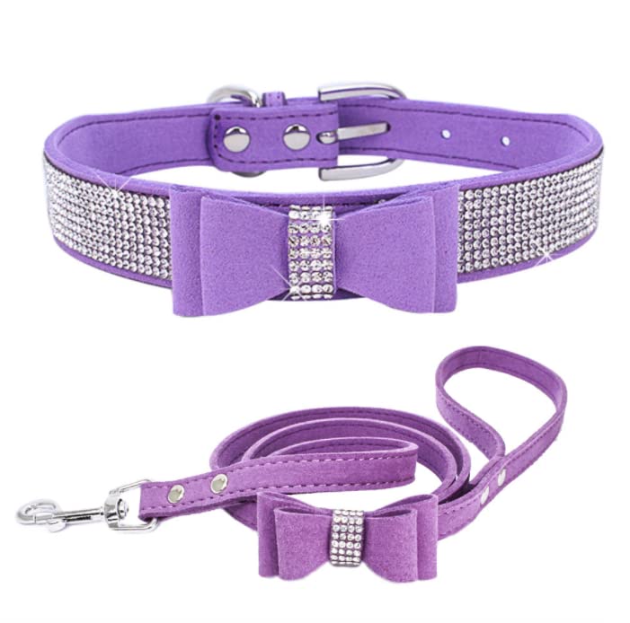 Sparkling Rhinestone Dog Collar - Adjustable Glitter Crystal Pet Collar with Pu Leather Bow for Small Medium Dogs (Purple) | Perfect for Daily Walks, Parties & Photo Shoots